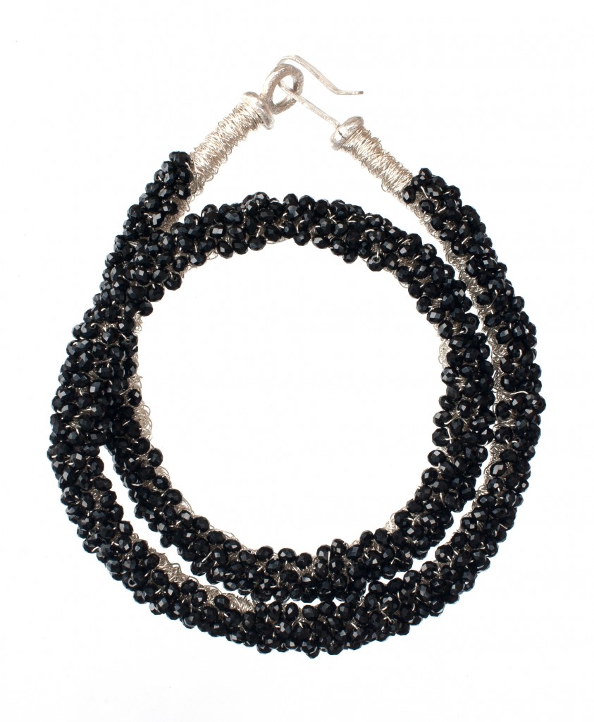 SN815 Silver coiled necklace with handstitched Black Onyx