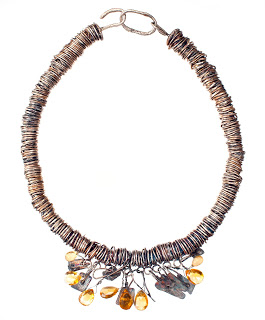 SN927 Oxidsed Silver chunky coiled necklace with beaten silver drops and Citrine Briolletes